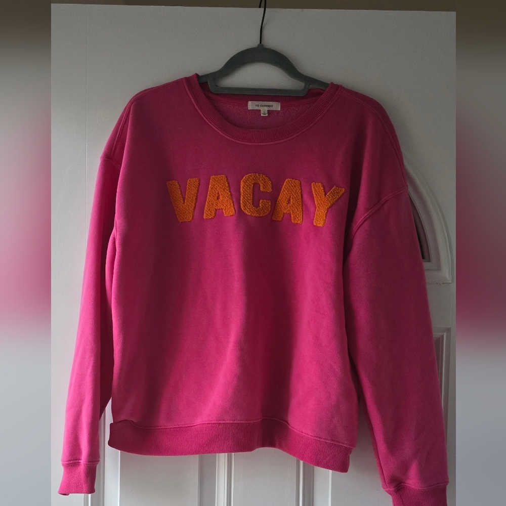 No Comment Hot Pink VACAY Chenille Patch Crewneck Sweatshirt Large Fleece